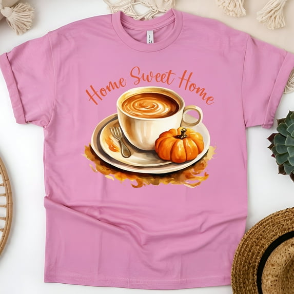 Home Sweet Home Coffee T-Shirt | Fall Pumpkin Latte Tee | Cozy Autumn Top, Azalea, Size 2XL