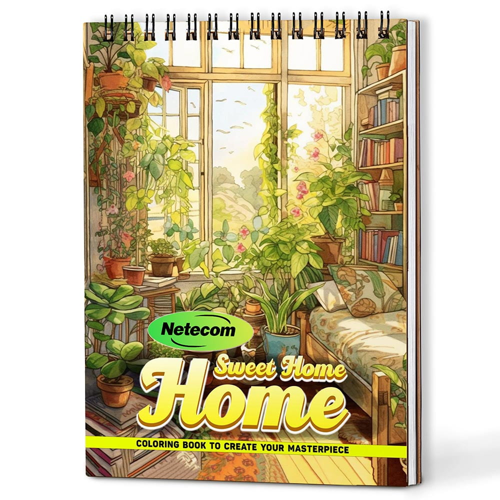 Home Sweet Home Coloring Book Spiral Bound For Adults, A5 Wooden Cover, 30 Heartwarming Coloring Pages of Family Homes and Cozy Spaces for Relaxation and Stress Relief