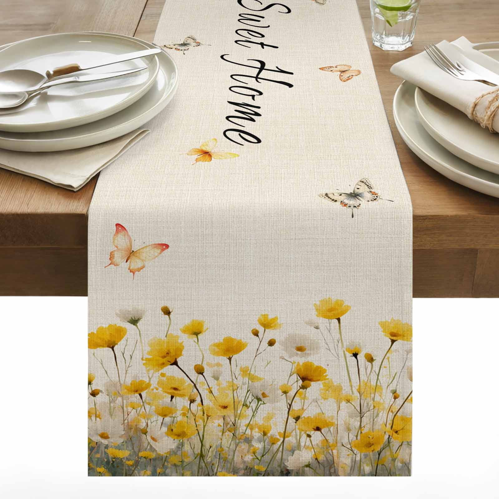 Home Sweet Home Cotton Linen Table Runner Watercolor Spring White Yellow Floral Butterfly Linen Texture Dining Table Runners for Home Decor Party Dining Room Restaurant Kitchen 13" x 108"