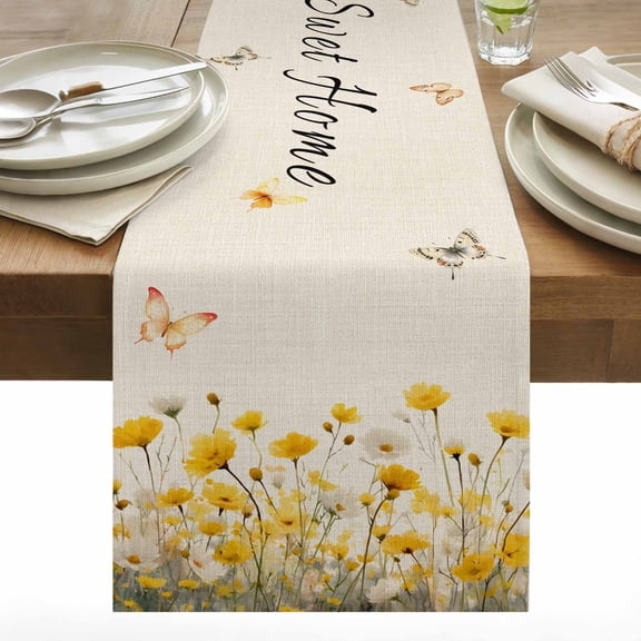 Home Sweet Home Cotton Linen Table Runner Watercolor Spring White Yellow Floral Butterfly Linen Texture Dining Table Runners for Home Decor Party Dining Room Restaurant Kitchen 13" x 72"