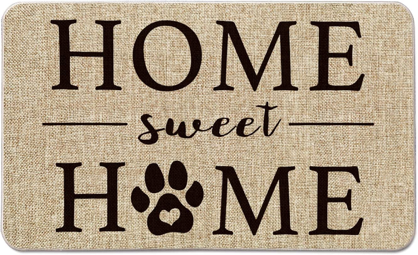 Home Sweet Home Cute Dog Paw Footprints Plum Print Decorative Doormat, Pet Dog Cat Low-Profile Floor Mat Switch Mat for Indoor Outdoor 17 x 29 Inch
