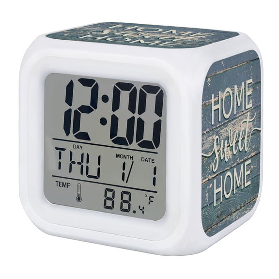 Home Sweet Home Digital Alarm Clock for Bedrooms, Smart LED Alarm Clock with 7 Color Changing Night Light, Blue Nautical Vintage Wood Grain Silent Wake Up Clocks for Sleep Study Cooking 3.2"x3.2"