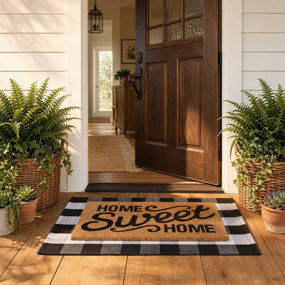 Home Sweet Home Doormat Set, 2-Piece Layered Front Porch Mat Combo, Coir Welcome Mat & Buffalo Plaid Rug, Farmhouse Decor