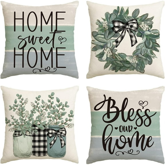 Home Sweet Home Eucalyptus Lamb Ear Wreath Throw Pillow Covers, 20 x 20 Inch Bless Our Home Buffalo Plaid Cushion Case for Sofa Couch Set of 4