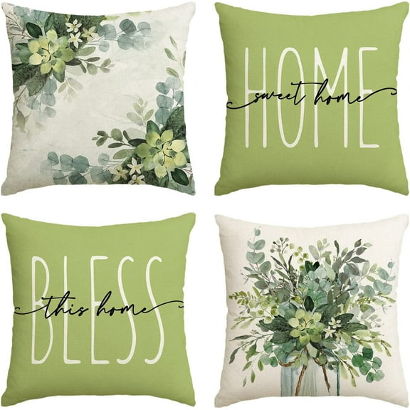 Home Sweet Home Eucalyptus Leaves Green Throw Pillow Covers, 16x16 Inch Spring Summer Seasonal Decorations for Home Set of 4