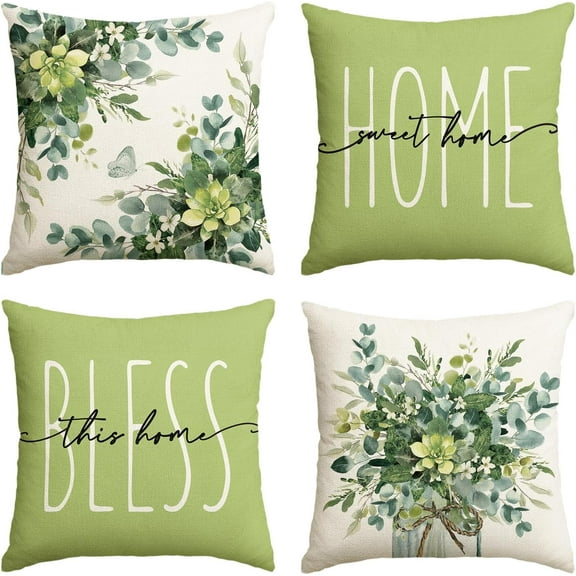 Home Sweet Home Eucalyptus Leaves Green Throw Pillow Covers, 18x18 Inch Spring Summer Seasonal Decorations Set of 4
