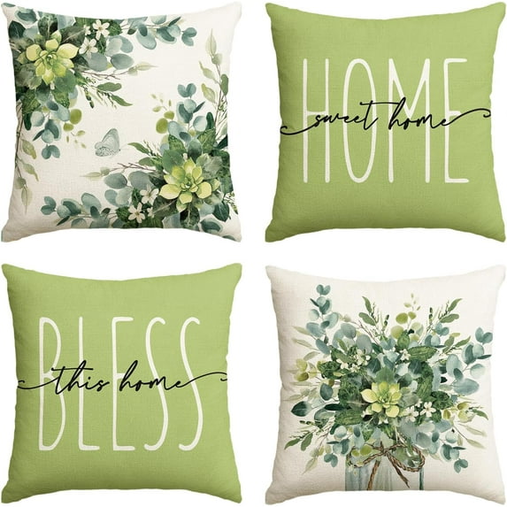 Home Sweet Home Eucalyptus Leaves Green Throw Pillow Covers, 18x18 Inch Spring Summer Seasonal Decorations Set of 4