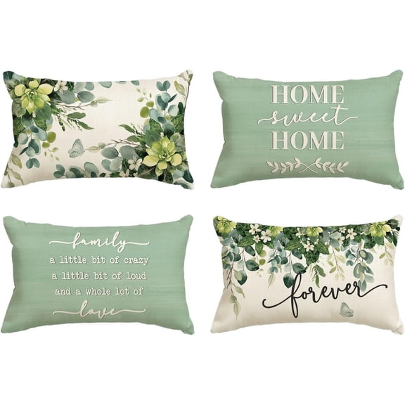 Home Sweet Home Eucalyptus Leaves Throw Pillow Covers, 18 x 18 Inch Seasonal Spring Summer Motto Green Cushion Case for Sofa Couch Set of 4