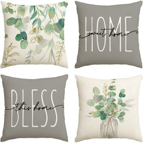 Home Sweet Home Eucalyptus Leaves Throw Pillow Covers 18x18 Set of 4, Spring Summer Seasonal Decorations for Home