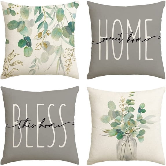 Home Sweet Home Eucalyptus Leaves Throw Pillow Covers 20x20 Set of 4, Spring Summer Seasonal Decorations for Home