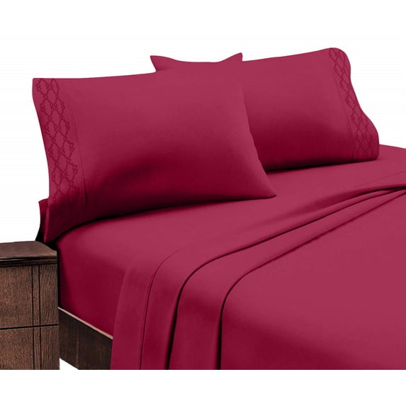 Home Sweet Home Extra Soft Deep Pocket Embroidered Luxury Bed Sheet Set (Twin, Burgundy)