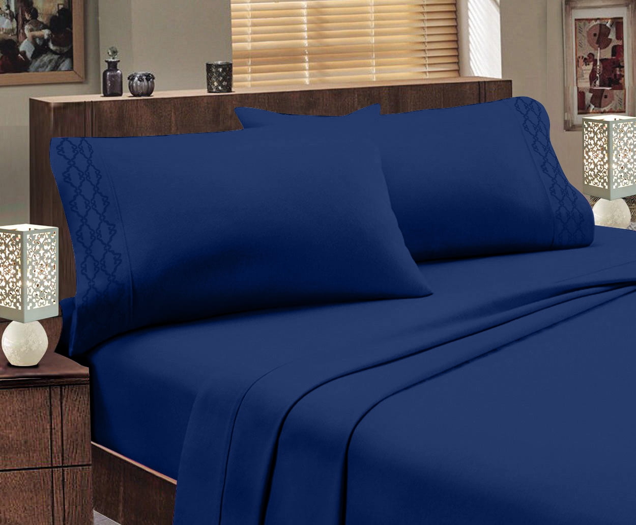 Navy King Microfiber Embroidered Deep Pocket Sheet Set