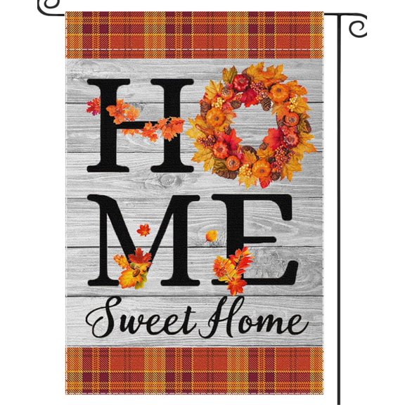 Home Sweet Home Fall Garden Flag, 12x18 Inch Maple Leaf Wreath Welcome Double Sided Burlap Small Flags for Outside, Autumn Thanksgiving Harvest Banner Seasonal Floral Yard Decoration