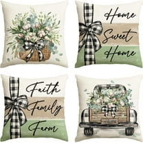 Home Sweet Home Farmhouse Eucalyptus Leaves Throw Pillow Covers, 16 x 16 Inch Truck Stripes Buffalo Plaid Cushion Case Decorations Set of 4