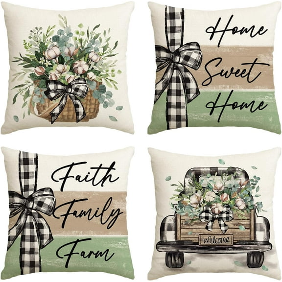 Home Sweet Home Farmhouse Eucalyptus Leaves Throw Pillow Covers, 18 x 18 Inch Truck Stripes Buffalo Plaid Cushion Case Decorations Set of 4