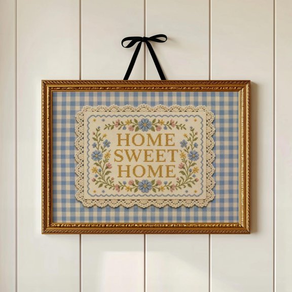 Home Sweet Home Farmhouse Kitchen Decor Gingham Cottagecore Wall Decor Vintage Sampler Room