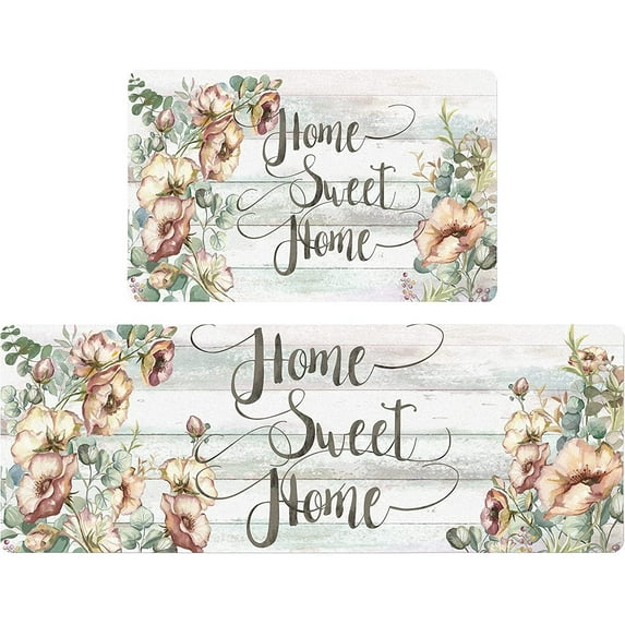 Home Sweet Home Floral Farmhouse Kitchen Rugs Set 2 Piece Colorful Fall Flowers Seasonal Decorative Rug for Kitchen Low-Profile Floor Mats Decorations for Home Kitchen 17x48+17x30 Inches