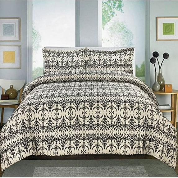 Home Sweet Home Full/Queen 4 Piece Comforter Set - Includes 1 Down Alternative Comforter, 1 400TC Cotton Duvet + 2 Pillow Shams (Ivory/Black Damask)