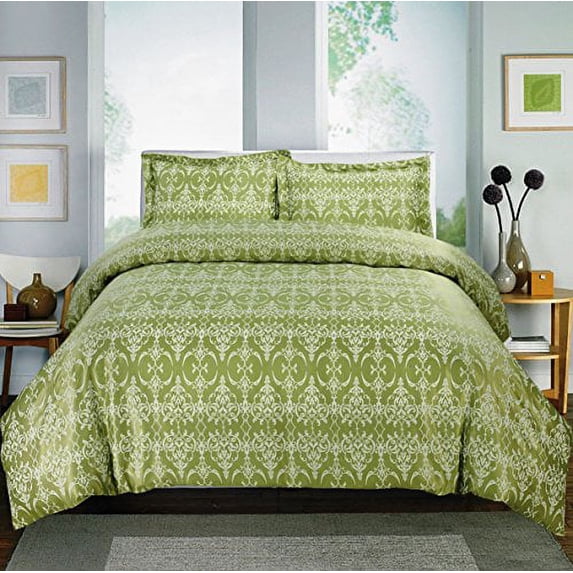 Home Sweet Home Full/Queen 4 Piece Comforter Set - Includes 1 Down Alternative Comforter, 1 400TC Cotton Duvet + 2 Pillow Shams (Sage Damask)