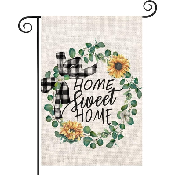 Home Sweet Home Garden Flag 12.5x18 Green Leaves Eucalyptus Leaf Floral Sunflower Vertical Double Sided Yard Flags Spring Summer Black White Buffalo Plaid Decorative for Farmhouse