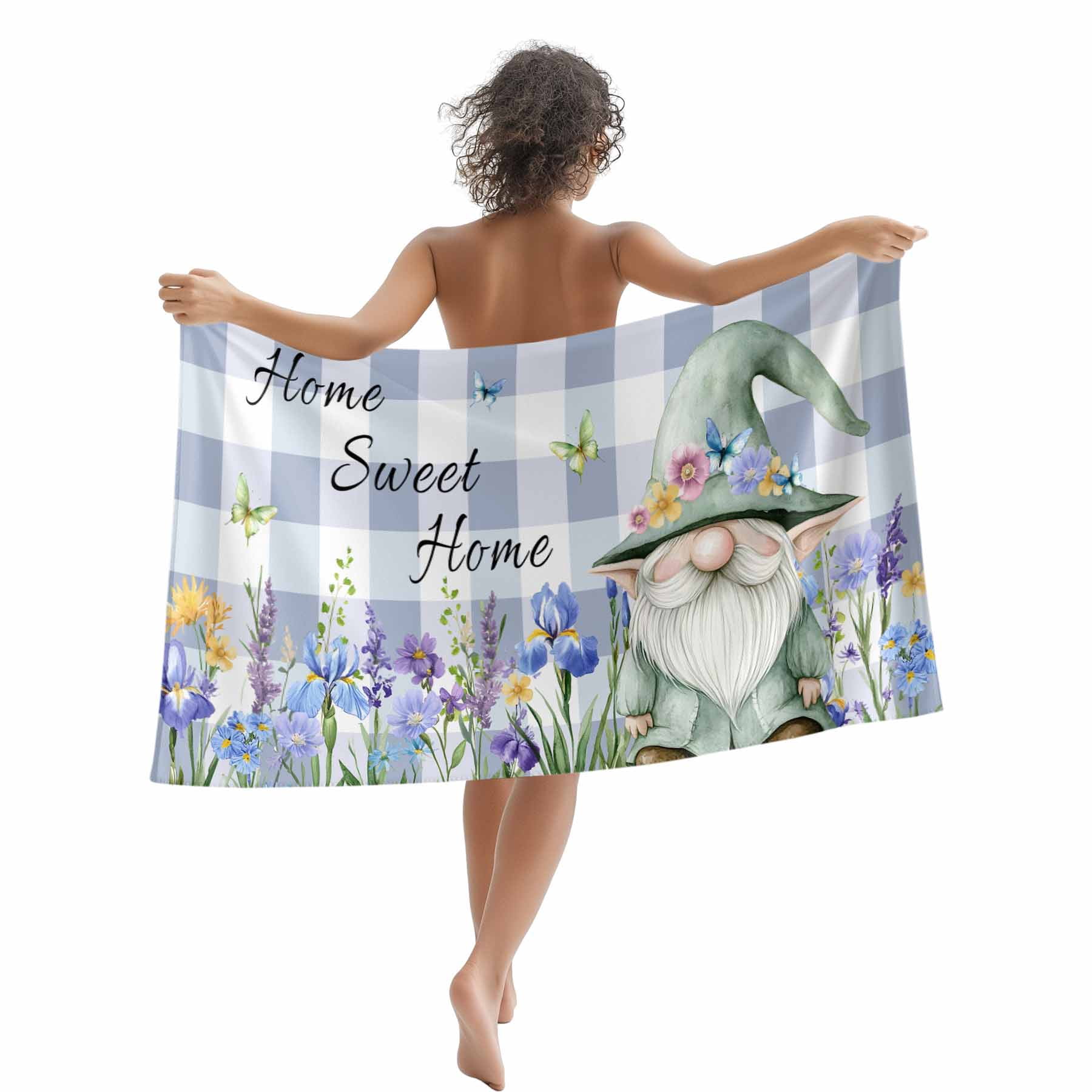 Home Sweet Home Gnome Beach Towels Blanket Soft&Absorbent Quick Dry Microfiber Purple Floral Plaid Pool Towels for Swimming ,Yoga, Sports, Gym, Camping,Large 30X60in,