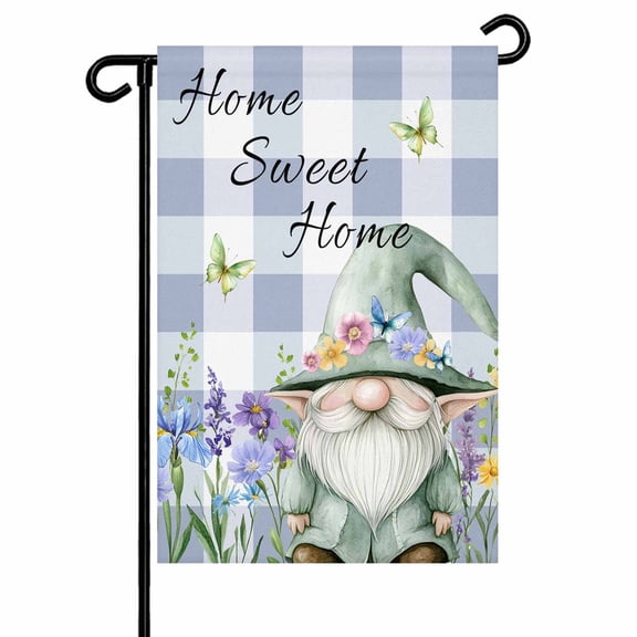 Home Sweet Home Gnome Garden Flags for Outside Purple Floral Plaid Double Sided Yard Flags Outdoor House Decoration, Small 12X18 Inch,