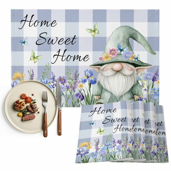 Home Sweet Home Gnome Placemats Set of 2, Purple Floral Plaid Table Mats Washable Heat-Resistant Non-Slip Place Mats for Kitchen Dinner Table Indoor Outdoor Decor,13x19 Inch