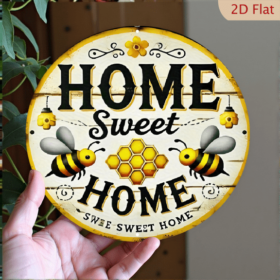 "Home Sweet Home" Honey Bee Farmhouse Decor, 8" Round Aluminum Wall Art Sign, Metal Signs For Kitchen, Door, Office, Coffee, Bedroom Decor, Best Gifts For Room, Home, Bathroom Decor, Weird Decor