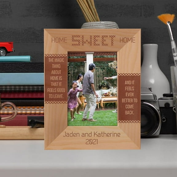 Home Sweet Home The Magic Thing About Home Is That It Feels Good To Leave And It Feel Even Better To Come Back Personalized Wooden Frame 3 1/2" x 5" Brown (Vertical)