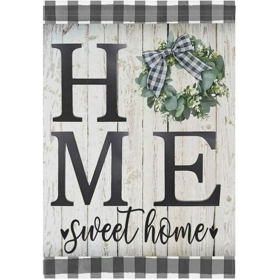 Home Sweet Home Magnolia Small Garden Flag 12x18 Double Sided Vertical Spring Farmhouse Rustic Black White Buffalo Check Plaid Flower Welcome Home Decor for Yard Lawn Patio House Outdoor