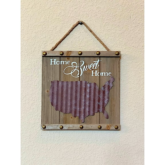 Home Sweet Home Map Of USA Americana Sign Wooden Metal Rustic Wall Door Room Indoor Outdoor Rustic Decor 12" x 12"