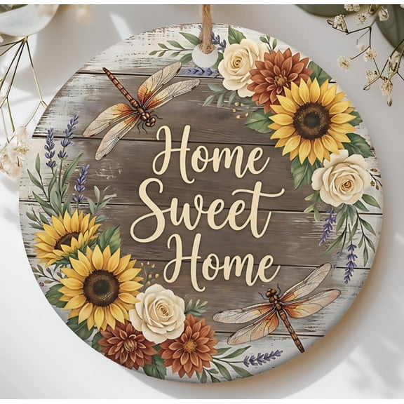 Home Sweet Home Ornament Rustic Farmhouse Decor Sunflower Dragonfly Wood Effect Round Sign New Housewarming Gift Floral Wall Art 2D FLAT Ceramic Ornament