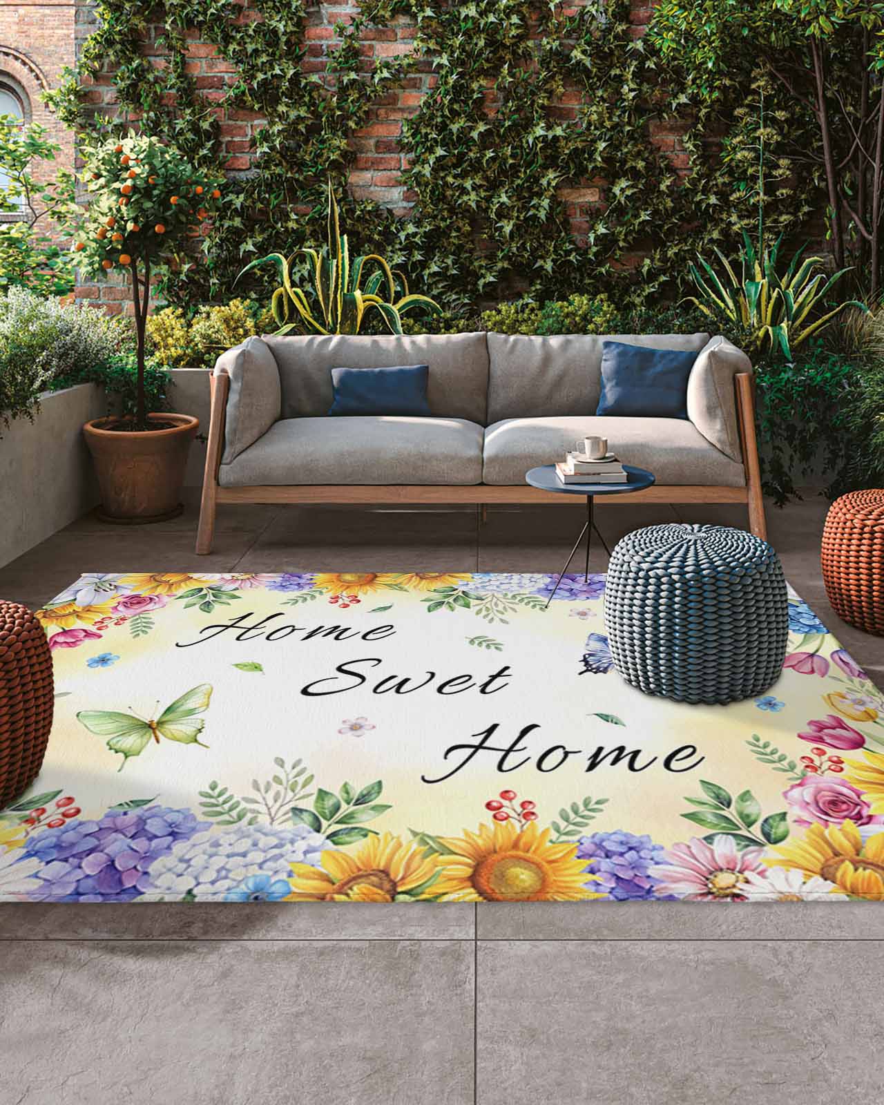 Home Sweet Home Outdoor Rug, Watercolor Spring Colorful Flowers ...