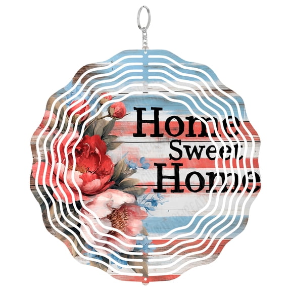 Home Sweet Home Peony Wind Spinner Metal Outdoor Decor Farmhouse Rustic Distressed Red White Blue