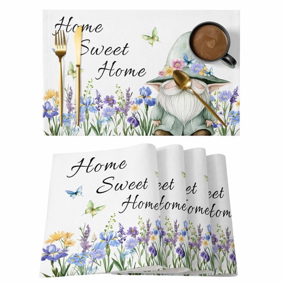Home Sweet Home Placemats Set of 2, Farmhouse Green Gnome Flowers Rustic Non-Slip Place Mats Washable Table Mats for Kitchen Dining Table Decorations Indoor/Outdoor