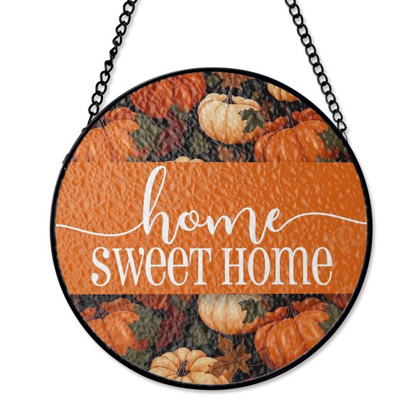 Home Sweet Home Pumpkins Suncatcher Faux Stained Glass UV Printed Housewarming Gift Round