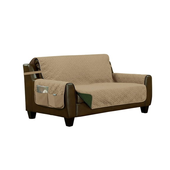 Home Sweet Home Reversible Quilted Loveseat Furniture Protector Cover With Elastic Bands (Taupe/Hunter)