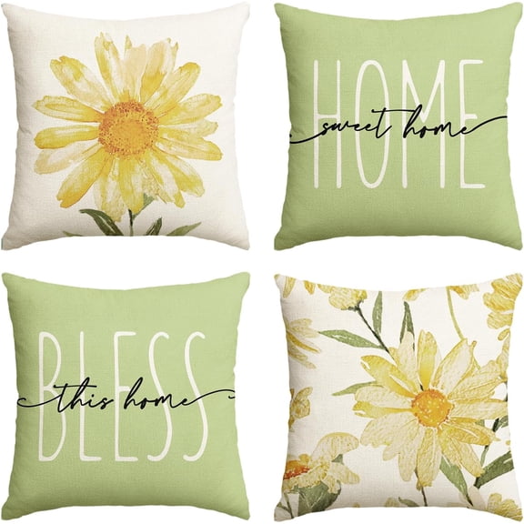 Home Sweet Home Spring Summer Flowers Green Throw Pillow Covers, 18 x 18 Inch Cushion Case for Sofa Couch Set of 4