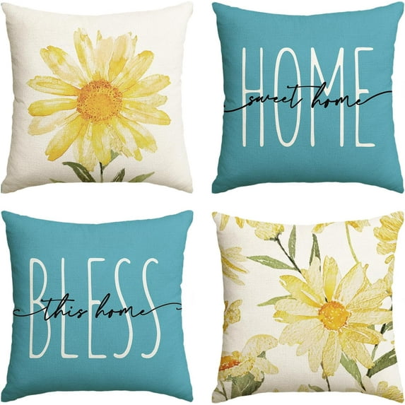 Home Sweet Home Spring Summer Flowers Yellow Throw Pillow Covers, 18 x 18 Inch Cushion Case for Sofa Couch Set of 4