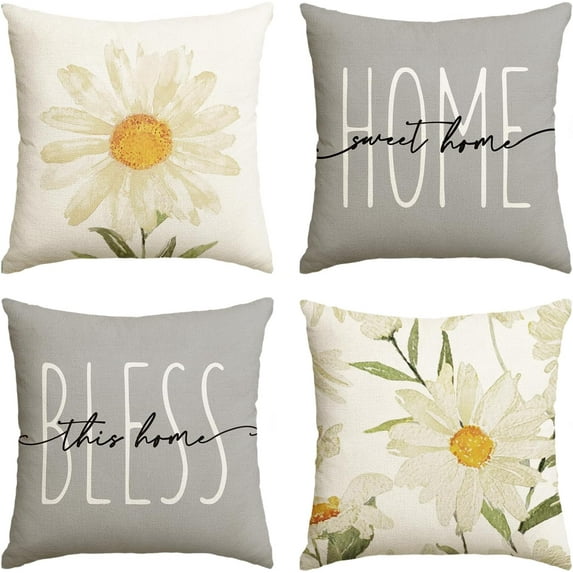Home Sweet Home Spring Summer Flowers Yellow Throw Pillow Covers, 18 x 18 Inch Cushion Case for Sofa Couch Set of 4