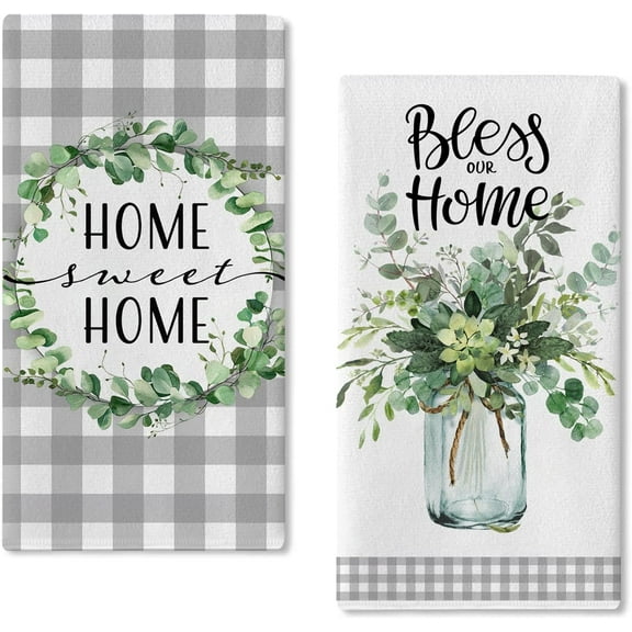 Home Sweet Home Spring Summer Kitchen Dish Towels Set of 2, Eucalyptus Leaves Mason Jar Hand Towels Drying Baking Cooking Cloth, Grey Plaid Farmhouse Bless Our Home Kitchen Decor 18x26 Inch