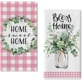 thumbnail image 1 of Home Sweet Home Spring Summer Kitchen Dish Towels Set of 2, Eucalyptus Leaves Mason Jar Hand Towels Drying Baking Cooking Cloth, Pink Plaid Farmhouse Bless Our Home Kitchen Decor 18x26 Inch, 1 of 6