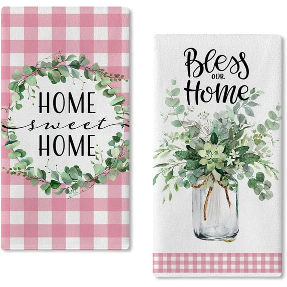 Home Sweet Home Spring Summer Kitchen Dish Towels Set of 2, Eucalyptus Leaves Mason Jar Hand Towels Drying Baking Cooking Cloth, Pink Plaid Farmhouse Bless Our Home Kitchen Decor 18x26 Inch