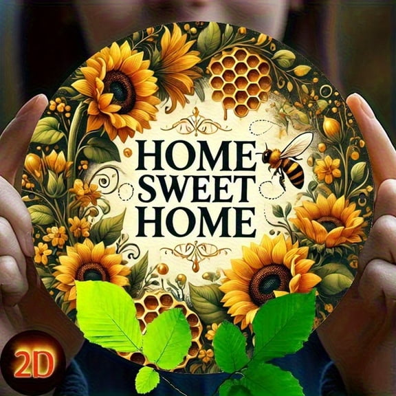"Home Sweet Home" Sunflower Round Aluminum Sign - Rustic Farmhouse Honey Bee Honeycomb Wall Decor, 1pc, 8" Wall Art Metal Sign, For Porch, Gardene, Room, Home, Ideal Gifts, Weather, 2D Flat
