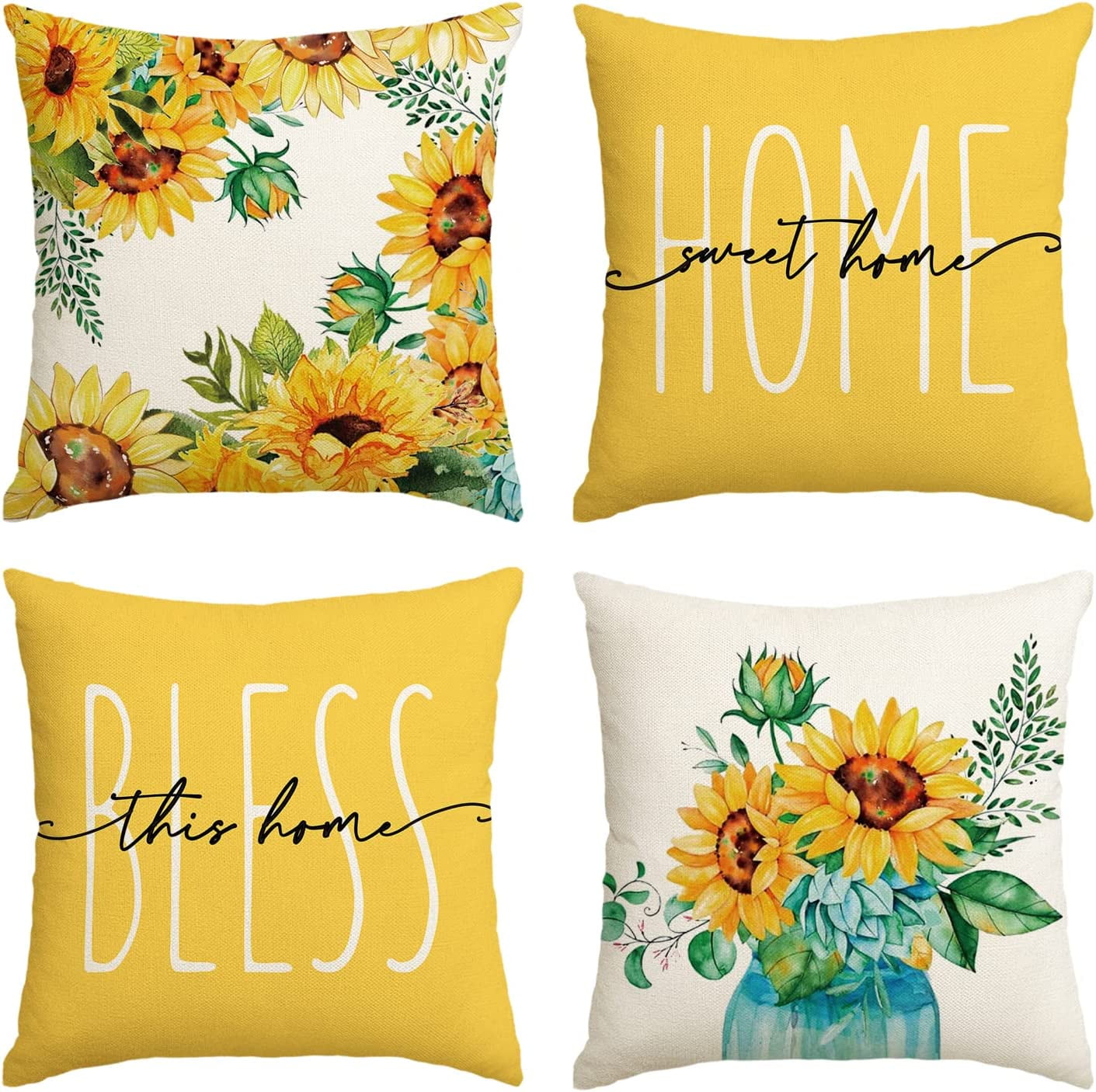 Home Sweet Home Sunflower Yellow Throw Pillow Covers, 18x18 Inch Summer