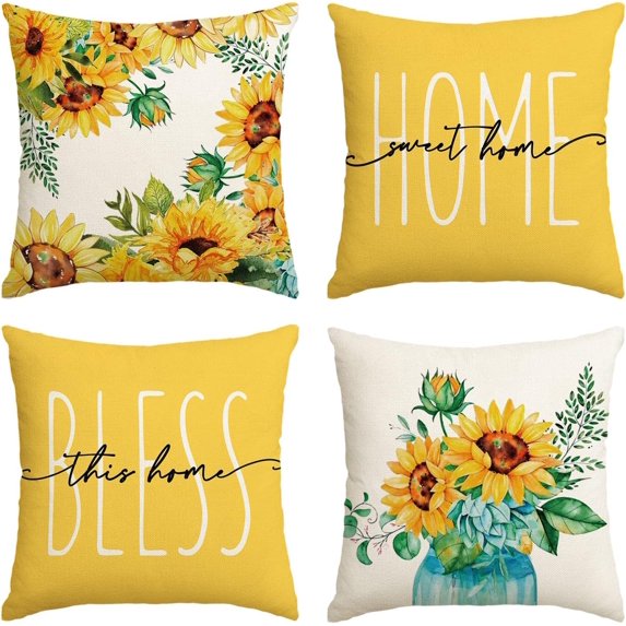 Home Sweet Home Sunflower Yellow Throw Pillow Covers, 20x20 Inch Summer Seasonal Decorations for Home Set of 4