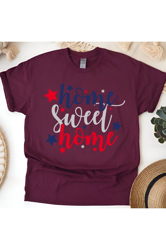 Home Sweet Home T-Shirt, Patriotic Typography Graphic Tee, Red White Blue Shirt, Maroon, Size M
