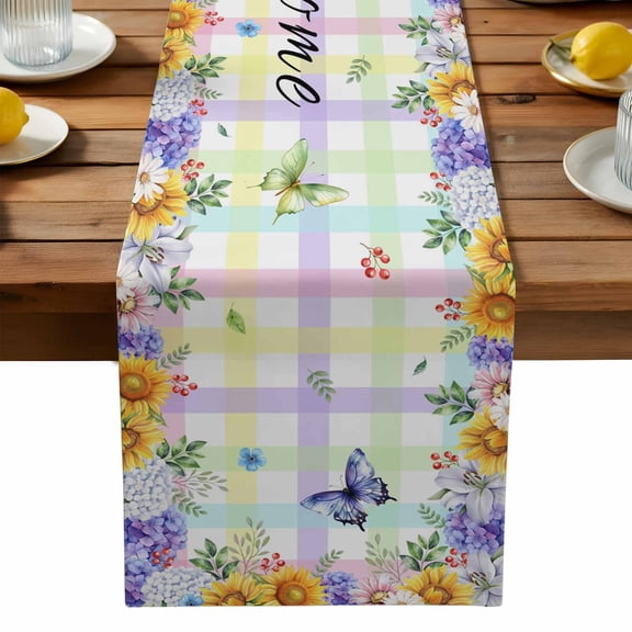 Home Sweet Home Table Runner, Watercolor Spring Colorful Flowers Butterfly Rainbow Plaid Washable Kitchen Table Runners Dress Scarves for Dining Table Decorations Party, 13x36in