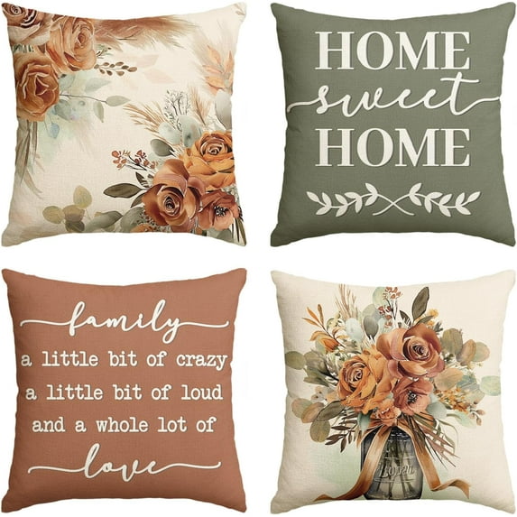 Home Sweet Home Terracotta Sage Throw Pillow Covers, 18 x 18 Inch Seasonal Spring Eucalyptus Floral Motto Cushion Case for Sofa Couch Set of 4