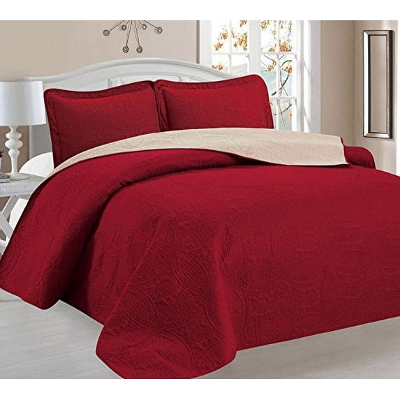 Home Sweet Home Victoria Design Reversible 3 PC Quilt Bedspread Sets (King, Burgundy/Beige)